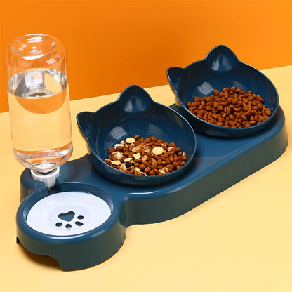 3-in-1 Cat Food & Water Bowl Set with Gravity Feeder