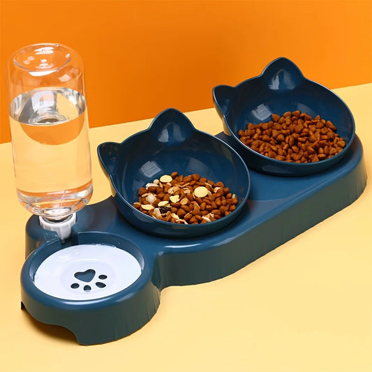 3-in-1 Cat Food & Water Bowl Set with Gravity Feeder