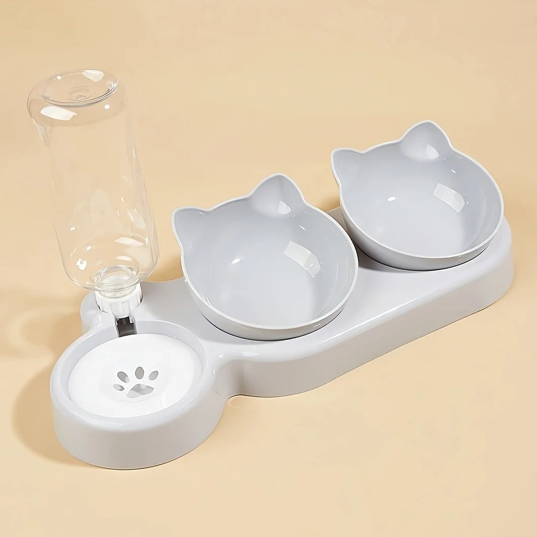 3-in-1 Cat Food & Water Bowl Set with Gravity Feeder