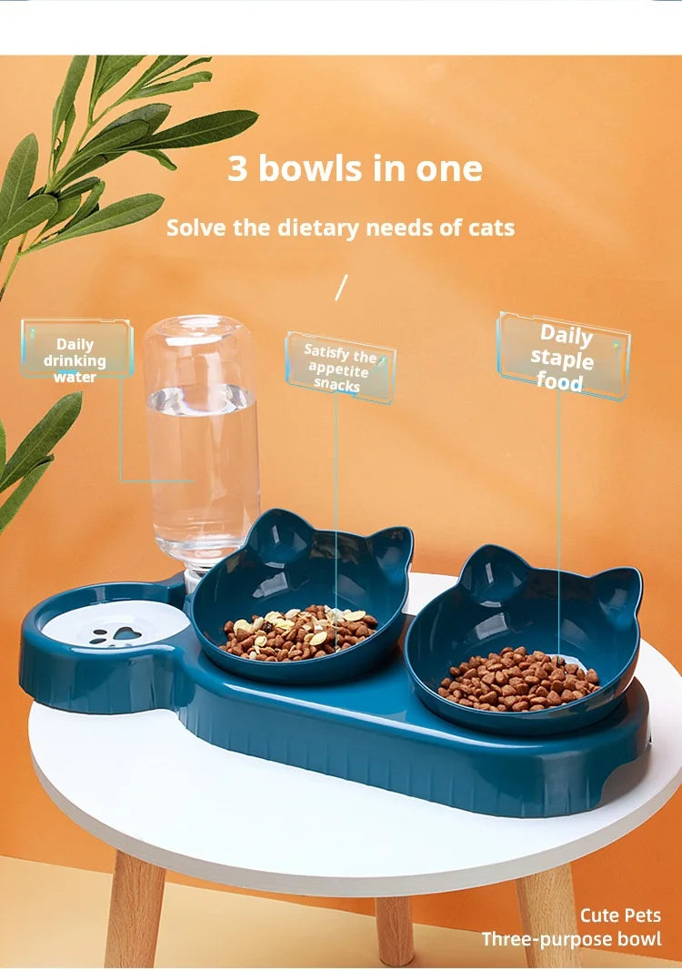 3-in-1 Cat Food & Water Bowl Set with Gravity Feeder