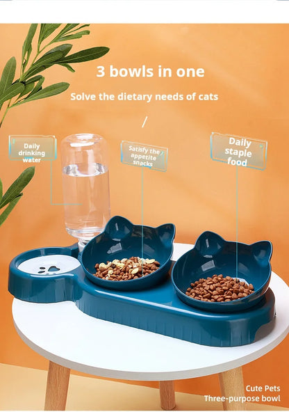 3-in-1 Cat Food & Water Bowl Set with Gravity Feeder