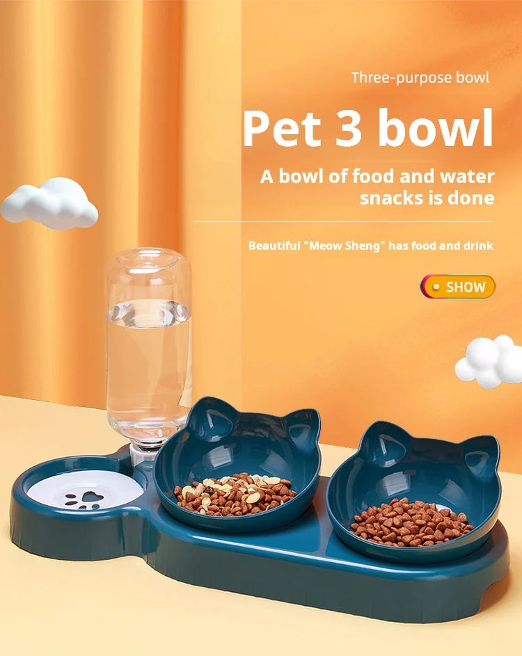 3-in-1 Cat Food & Water Bowl Set with Gravity Feeder